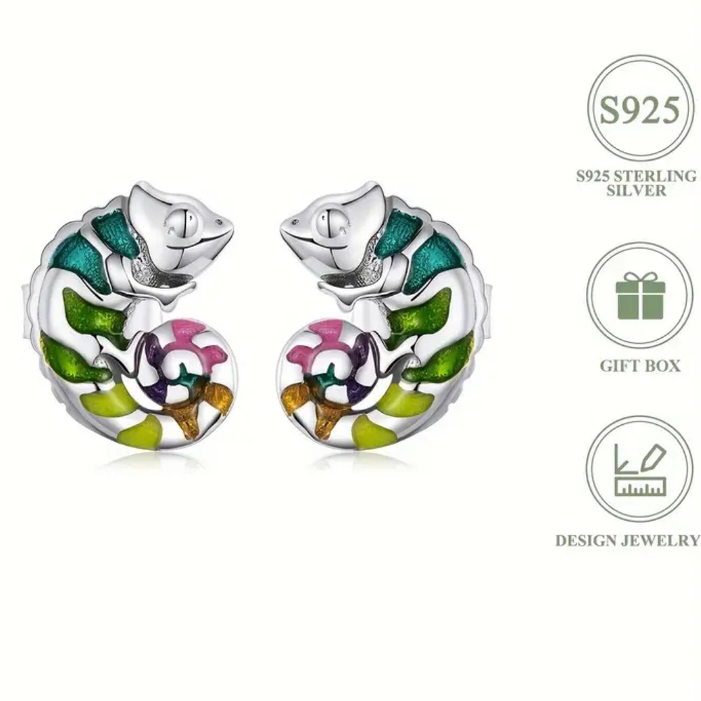 Sterling Silver Chameleon Shaped Stud Earrings